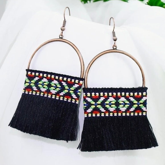 Anthropologie Jewelry - FESTIVAL TRIBAL INSPIRED EMBROIDERED BLACK TASSEL BOHO FRINGE EARRINGS